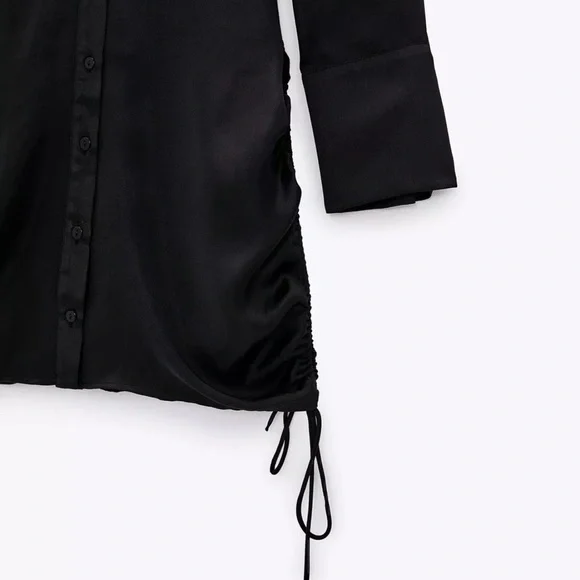 BRAND NEW - Zara Black Draped Ruched Satin Effect Short Shirt Dress - Small - Picture 9 of 11